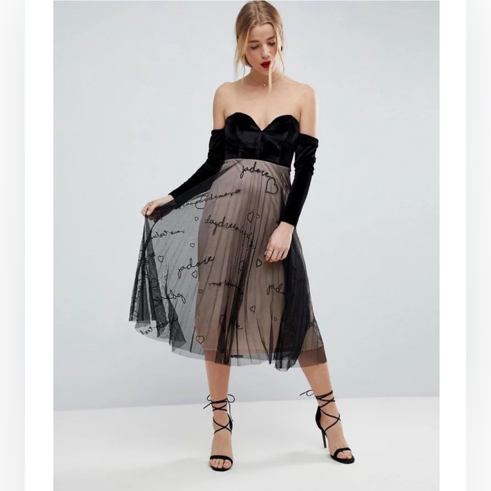 ASOS Velvet Bardot Embroidered Dress With Tulle Skirt
